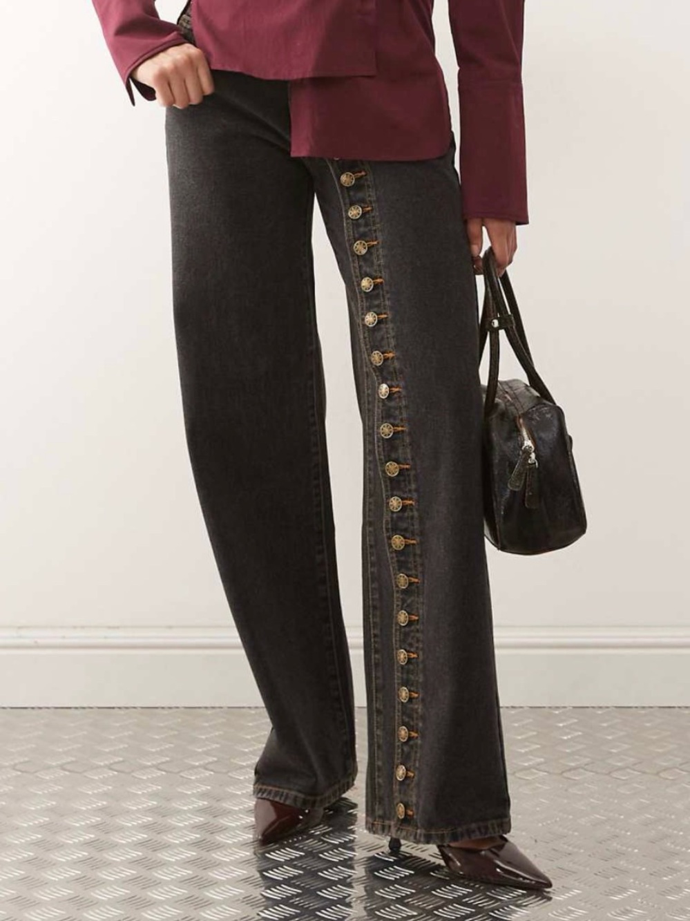 Women's High-Rise Wide-Leg Button-Trim Jeans - Black